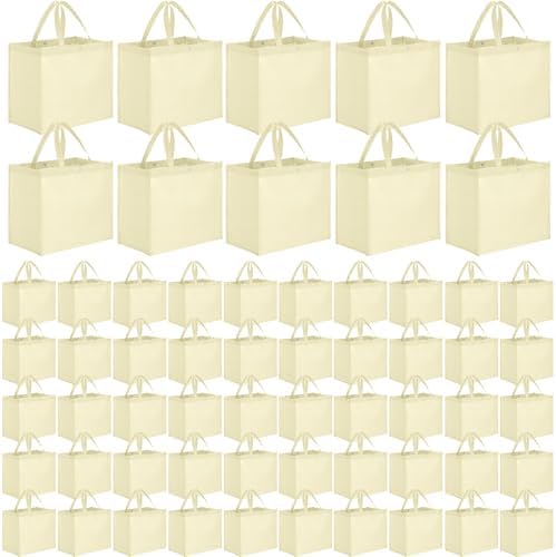 Zhehao 60 Pcs Reusable Grocery Bags Bulk Large Foldable Shopping Tote Bags Non Woven with Handle and Plastic Button(Beige) by Zhehao
