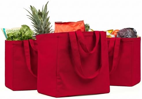VeraMia Canvas Grocery Bag 3pc XL Set with Real Pockets, Long Shoulder Strap and Short Handle. Heavy Duty, Foldable, Washable by VeraMia