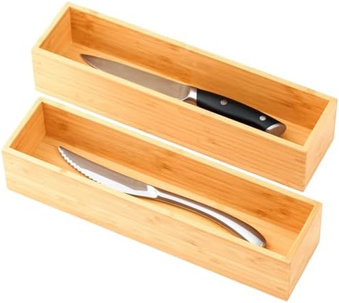 Umilife Bamboo Kitchen Drawer Organizer, Extra High Silverware Tray, Flatware Cutlery Storage Box, Multi-Use Holder in Office, Bathroom, Pantry - 12"x3"x2.5" (Set of 2) by Umilife