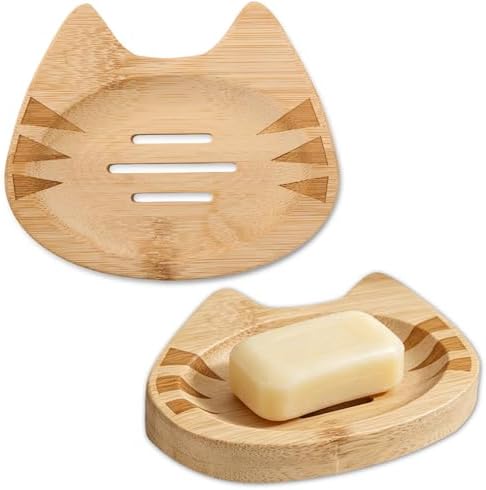 Bamboo Soap Dish Self Draining for Shower - Cute Cat Bamboo Soap Tray Holder Saver with Drainage, Natural Waterproof Decorative Tray for Bathroom, Kitchen, Sponges, Bath Tub, Shower, Sink - 1 Pack by LIKEYO