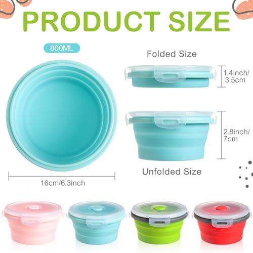 Suclain 4 Pcs Collapsible Bowls with Lids Silicone Camping Food Storage Container Expandable Folding Salad Lunch Box Travel Container for Hiking Camping - Image 2