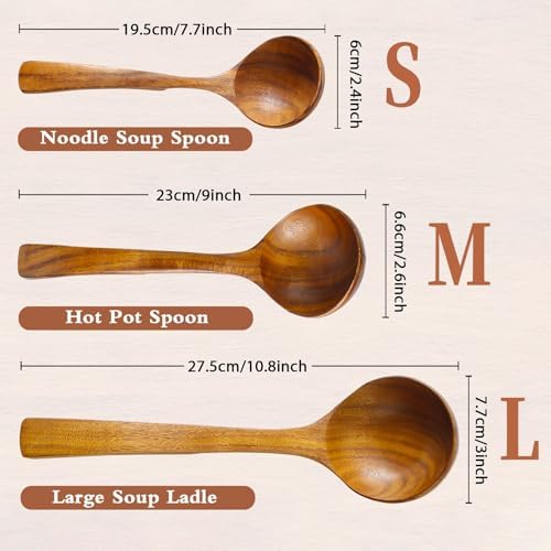 3Pcs Wooden Ladle for Soup, 3Size Natural Teak Wooden Cooking Spoons, Wood Soup Spoon for Serving, Stirring, Non-Stick Heat-Resistant, Kitchen Spoon Sets for Mom and Wife Cooking Gifts - Image 2