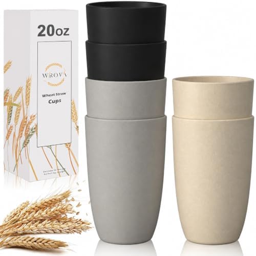 Wrova Wheat Straw Cups 6 PCS, 20 oz Plastic Cups Reusable Kitchen Cups, Dishwasher & Microwave Safe Large Coffee Cup, Unbreakable Water Plastic Glasses- Black & Gray by WROVA