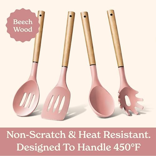 Country Kitchen Non Stick Silicone Utensil Set with Rounded Wood Handles for Cooking and Baking, 8 Piece Set, Pink - Image 5