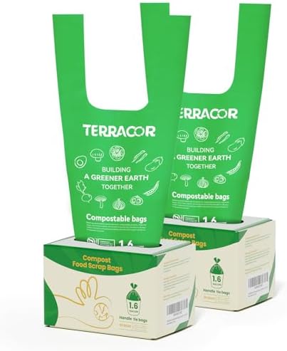 1.6 Gallon Compostable Food Scrap Bags Handle Tie for Kitchen Countertop Bin, 6 Liter Small Compost Bags, 100 Count (Pack of 2), BPI Certified and Meet The ASTM D6400 Standard by TerracorPackaging