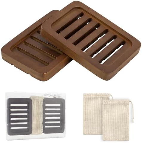 2 Pack Self Draining Bamboo Soap Holder Slotted Walnut Wooden Soap Dish by UrbanAbode