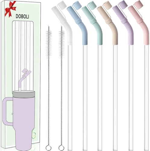 Doboli 6 Pack Reusable Drinking Long Straws with Silicone Tips,Compatible with Stanley 40 oz 30 oz Cup Tumbler,6 Clear Plastic Straws, 6 Silicone Tips, 2 Straw Cleaning Brush by Doboli