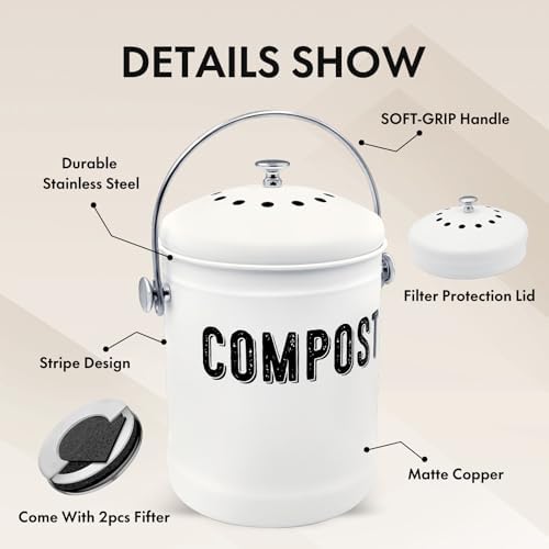 ENLOY Kitchen Countertop Compost Bin, 1.3 Gallon, Stainless Steel, White - Image 4