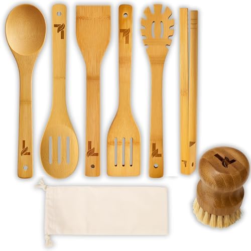 Bamboo Kitchen Utensil Set, 7-Pieces Natural Cooking Utensils for Nonstick Cookware, Eco-Friendly Wooden Spoons and Spatulas for Cooking by Unknown