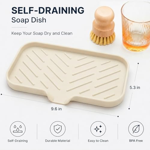 MicoYang Silicone Soap Dish with Drain Spout — Self-Draining Sink Organizer Tray for Bathroom & Kitchen, Sponges, Dispensers & Soap Holder, Non-Slip & Dishwasher Safe, Tapioca (Medium, 9.6"×5.3") - Image 2