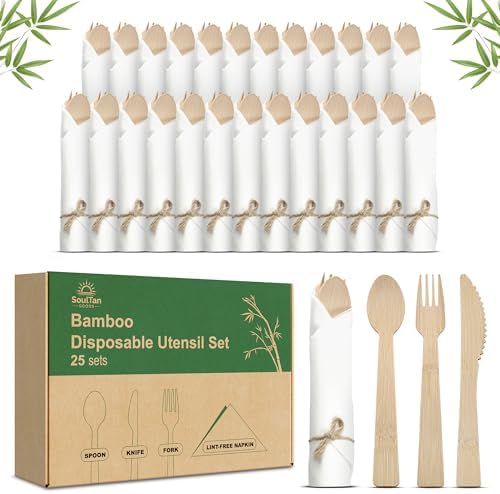 Prerolled Disposable Bamboo Cutlery Set – 25 Pack Pre Wrapped Silverware and Napkin Bundle with Forks, Knives, Spoons for Parties, Weddings, Events, and BBQ (Natural - Beige String) by SoultanGoods