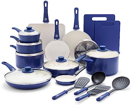 GreenLife Soft Grip 23 Piece Kitchen Cookware Pots and Frying Saucepans Set, Healthy Ceramic Nonstick PFAS and PFOA-Free, Dishwasher and Oven Safe, Even Heating, Easy Clean, Warp Control, Blue by GreenLife