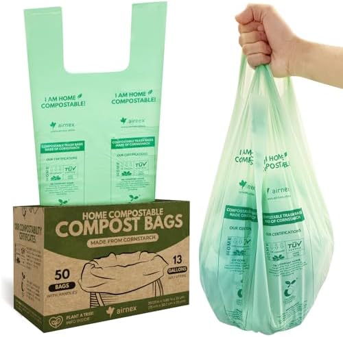 AIRNEX Compostable Kitchen Trash Bags 13 Gal - Cornstrarch Leakproof & Tear Resistant 50 Compost Bags - OK Compost Home & Seedling Certified 0.25 mm Kitchen Garbage Bags by Airnex