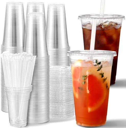 AOZITA 100 Pack - 24 oz Clear Plastic Cups with Lids and Straws, Sturdy & Food Safe Iced Coffee Cups with lids, Disposable Iced Coffee Cups for Cold Drinks by AOZITA