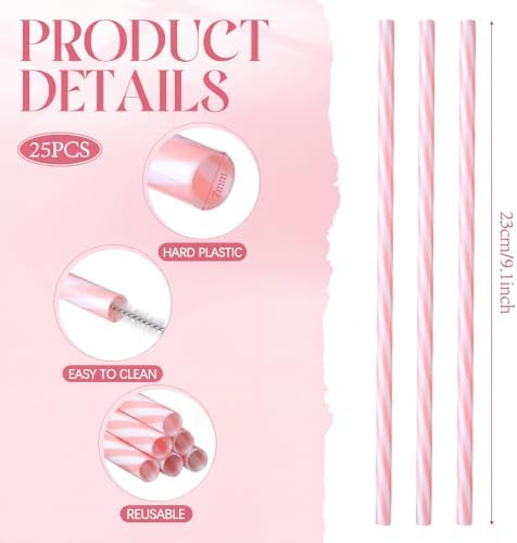 Honeydak 25 Pcs Reusable Plastic Straws Bulk,Pink and White Stripe - Image 3