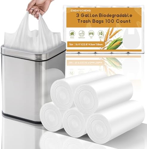 3 Gallon White Trash Bag With-Handles - Small Garbage Bags For Bathroom Can Unscented 100 Count Compostable Biodegradable Mini Tiny Waste Basket Liners For Kitchen Office Car Chenyucheng by Chenyuchengtrashbags
