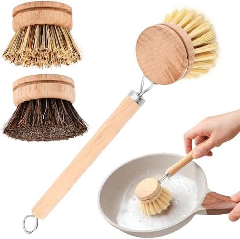 Bamboo Dish Brush Set, 1 Wooden Handle with 2 Natural Bristle Heads by Unknown
