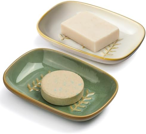 2 Pack Ceramic Soap Dish for Cleaner Shower, Decorative Soap Holder for Bar Square Shampoo or Sponge, Cute Shower Soap Dish Soap Saver Tray Container for Bathroom Kitchen Sink, Easy to Clean by Farielyn-X