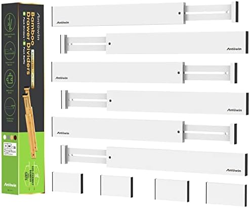 ANTOWIN Expandable Bamboo Drawer Dividers, Drawer Separators,17-22 inches Adjustable Spring-loaded Organizer for Large Utensil, Clothes, Tools Drawers, 6Pack (White) by ANTOWIN