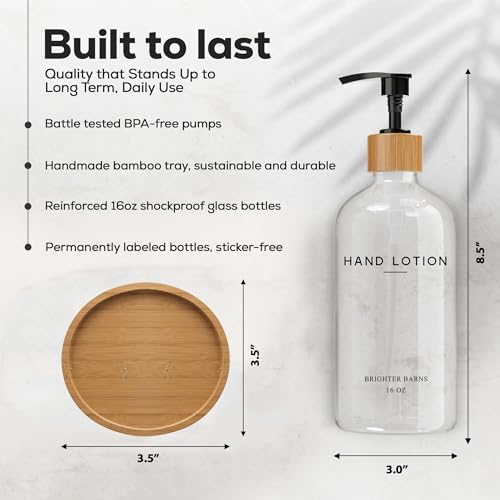 Glass Lotion Dispenser with Pump for Bathroom by Brighter Barns - Hand Lotion Dispenser Set with Tray - Boho Hand Cream Container for Bathroom, Neutral Home Decor in Bedroom, Lobby, Restaurant (Clear) - Image 3