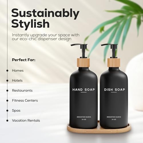 Black Glass Hand and Dish Soap Dispenser Set by Brighter Barns - Kitchen Soap Dispenser Set with Tray - Bamboo Pump Bottles for Kitchen Sink - Boho Modern Home Decor, Neutral Home Accessories (Black) - Image 2