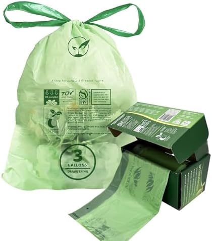 3 Gallon Compostable Trash Bags Drawstring, Heavy Duty Extra Thick 1 Mil, 11.36 Liter, 50 Bags, Small Kitchen Food Scrap Waste Bag, ASTM D6400, US BPI and OK Compost Home by Lokingrise