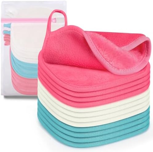 12 Pack Makeup Remover Cloth, 6" x 6" Reusable Makeup Remover Towels Face Washcloth for Washing Face, Makeup Remover Pads Cosmetic Face Wash (Pink-White-Blue) by KPX