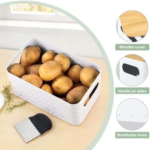 Kitchen Vegetable Storage Set of 3, Metal Onion Garlic Potato Storage Set, Kitchen Canisters Vegetable Keeper Containers with Aerating Holes and Bamboo Lid,Embossed White - Image 3