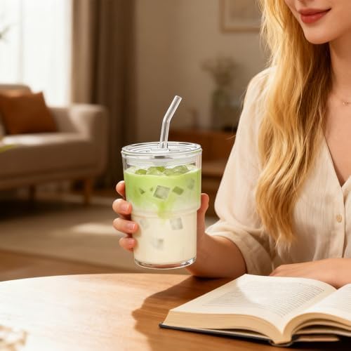 13oz Iced Coffee Cup, Reusable Glass Tumbler with Straw and Lid, Thick Wall Glass Cups with Lids and Straws for Matcha, Smoothies, Drinking Glassware Water Cups (clear-4pack) - Image 2