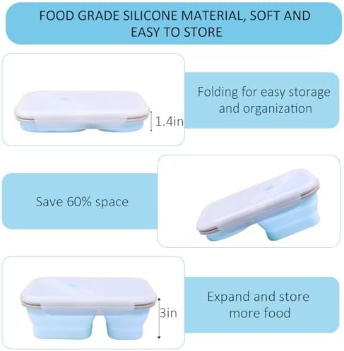 2 Pack Collapsible Silicone Lunch Box Set, 2 Compartments Bento Boxes with Lids, Food Storage Containers for Meal Prep, Office, Travel, Camping, BPA Free(Blue+Green) - Image 4