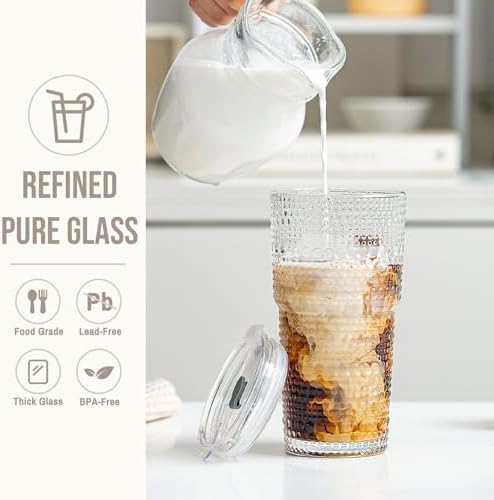 SoulTimes 20oz Hobnail Glass Tumbler with Bamboo Lids and Straws - Iced Coffee Glass Cups for Smoothie, Matcha, Juice, Water etc. Leakproof and Reusable Glassware Drinking for Travel To Go [4 Pcs] - Image 3