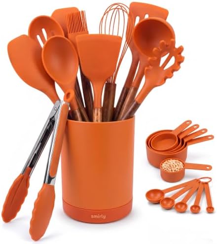 SMIRLY Silicone Kitchen Utensils Set, 22-Piece Acacia Wood Handle, Orange by Smirly