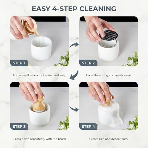 ONEMORE Bamboo Dish Brush with Ceramic Foaming Base, Kitchen Sink Scrub Brush Set with Spring and Mesh Insert, Wooden Handle Dishwashing Brush for Pots Pans Plates Bowls, White - Image 2