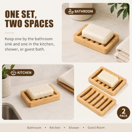 SAMEBUTECO Bamboo Soap Holder 2-Pack, 4.9 Inch Self Draining Bar Soap Saver with Pads - Image 7
