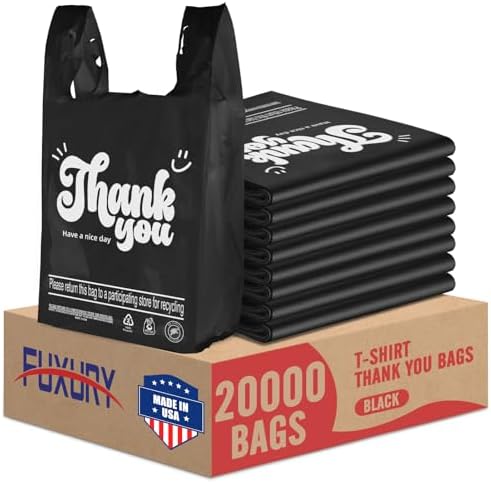 Fuxury 20000 (20K) Count - Plastic Thank You T-shirt Bags Black for Small Business (11.5" x 6.5" x 21"), Grocery, Take Out, To Go, Retail Shopping Bags in Bulk by Fuxury