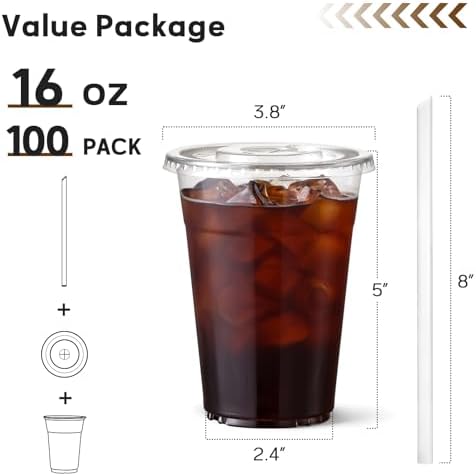 AOZITA 100 Pack - 16 oz Clear Plastic Cups with Lids and Straws, Food Safe Disposable Iced Coffee Cups for Cold Beverages, Smoothies, Iced Coffee, Leak-Proof, BPA-Free - Image 2