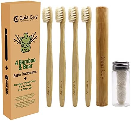 Gaia Guy Bamboo and Boar Bristle Toothbrush (4 Pack) + Travel Case & Silk Dental Floss | 100% Compostable Bristles and Floss | Eco-Friendly Dental Set | Biodegradable & Compostable Wooden Toothbrushes by GaiaGuy