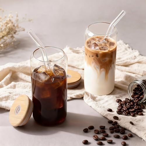 Iced Coffee Cups with Lids 2 pcs: 20 oz Glass Cups with Lids and Straws as Coffee Bar Accessories - Beer Drinking Glasses - Reusable Glass Tumbler,Cute Coffee Cups for Coffee,Juice,Gifts - Image 5