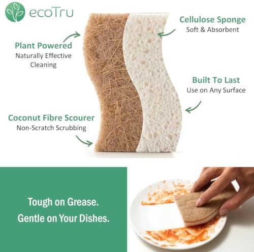 12 Pack Washing Up Sponges, Eco Kitchen Dish Cleaning Sponges, Biodegradable & Compostable Natural Cellulose Sponge with Coconut Fibre Scrubber, Non-Scratch Heavy Duty Scouring Pad - Image 2