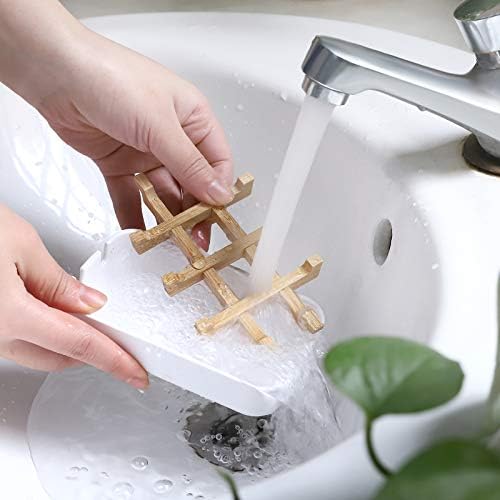 Bamboo Wooden Soap Dishes for Bathroom Bar Soap Holder Shower Soap Holder Sink Deck Bathtub Shower Tray (Two Pieces White) - Image 5