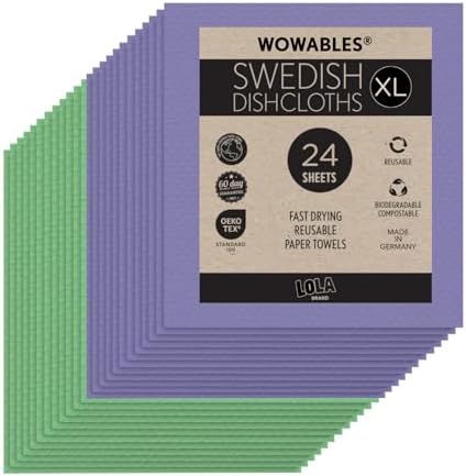 Swedish Dishcloths for Kitchen XL, 24 2x12 Sheet Rolls, Biodegradable, Compostable, Reusable Paper Towel Cleaning Cloths, 11" x 10" No Odor Washing Dishes, Ultra Absorbent Cellulose Sponge Towel, LOLA by LolaProducts