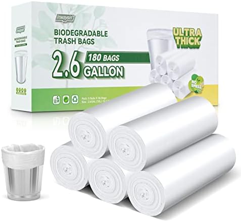 Inwaysin Biodegradable 2.6 Gallon Trash Bags, 180 Count, Scented Free, Translucent, Thickening & Leaking Proof, Suitable for Most Trash Cans, Perfect for Home or on the Go by Inwaysin