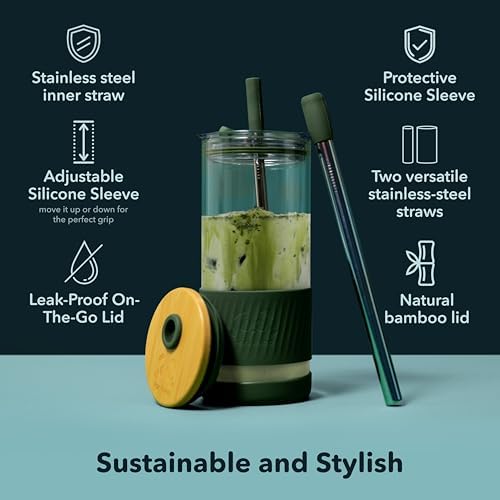 Pandaloo® Glass Cups With Lids and Straws -20 Fl Oz- Perfect Size Iced Coffee Cup - Smoothie Cup With Bamboo Lid and On the go Lid - Glass Tumbler With Straw (2 Count (Pack of 1), Amber Sand) - Image 3