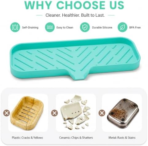 MicoYang Silicone Soap Dish with Drain Spout — Self-Draining Double Sink Organizer Tray for Kitchen & Bathroom, Dispensers, Sponges & Soap Holder, Non-Slip & Dishwasher Safe, Mint (Large, 12"×4") - Image 3