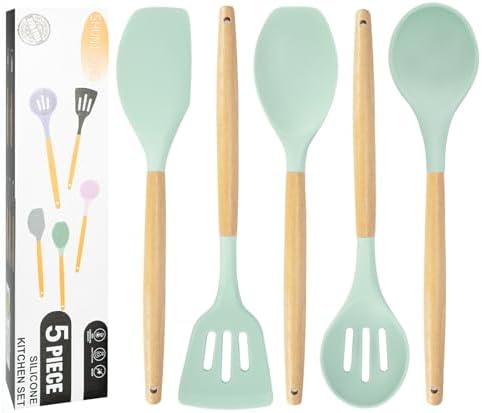 Kitchen Utensils Set, 5 Pcs Non-Stick Silicone Kitchen Cooking Utensils with Wooden Handle, Kitchen Spatula Cookware Utensils Set, Heat Resistant Silicone Kitchen Gadgets (Light Green) by SHUNIKING