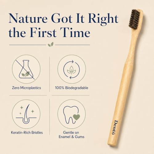 Dento Bamboo Toothbrush 4 Pack, Natural Horsehair Bristles, Soft - Image 4