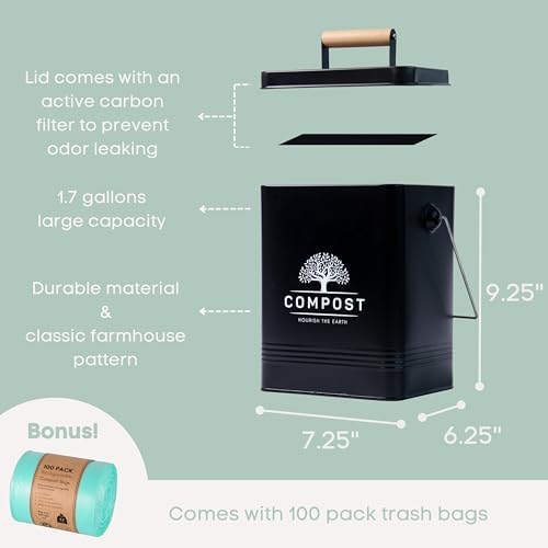 PERFNIQUE Kitchen Compost Bin, 1.7 Gallon Countertop Compost Bin with Lid, Indoor Compost Bin Includes 2 Carbon Filters, Small Compost Bucket, Food Waste Bin for Kitchen with Trash Bags (Matte Black) - Image 2
