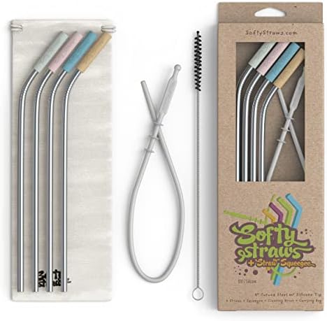 Softy Straws Premium Reusable Stainless Steel Drinking Straws With Silicone Tips + Patented Straw Cleaners and Carrying Case - 9” Long Metal With Curved Bend for 20/30/32oz Tumblers - Natural Colors by SoftyStraws