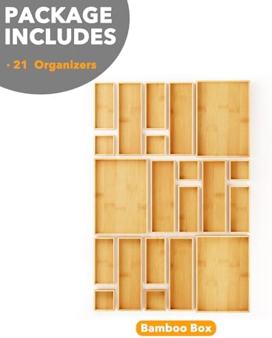 SpaceAid 21-Piece Bamboo Drawer Organizer Storage Boxes Set, Wood Tray Junk Drawer Organizers Multi-Use Divider Bins for Kitchen, Bathroom, Office Desk and Makeup Organization (21 Pack, Natural) - Image 6