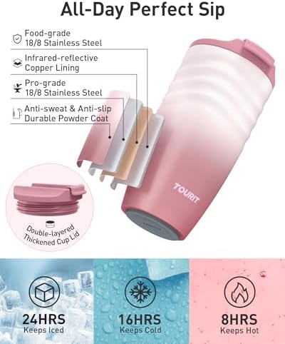 TOURIT 12 oz Travel Coffee Mug, Vacuum Insulated Stainless Steel Tumbler with Ripple-Wave Anti-Slip Grip, Built-in Silicone Bottom for Quiet & Stable, Leak-Proof Lid, Fits Car Cup Holder, Pink - Image 2